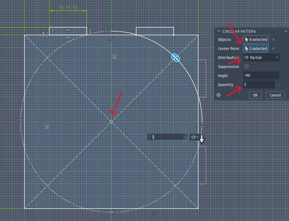 Here's another version with equal side lengths - here you can use the circular pattern tool the entire time